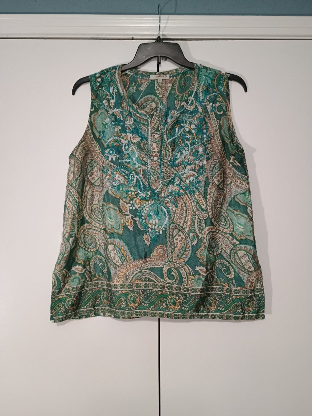 Natura Portugal Teal Paisley Embroidered Boho Sleeveless Blouse XS - Picture 2 of 11